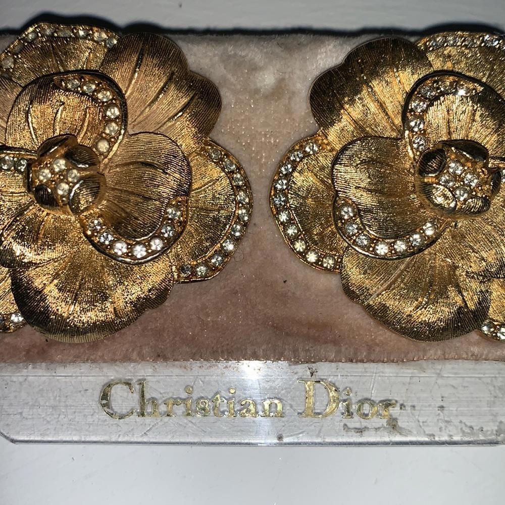 Vintage Christian Dior Large Crystal Rose Flower Large Clip on Earrings - Picture 2 of 12